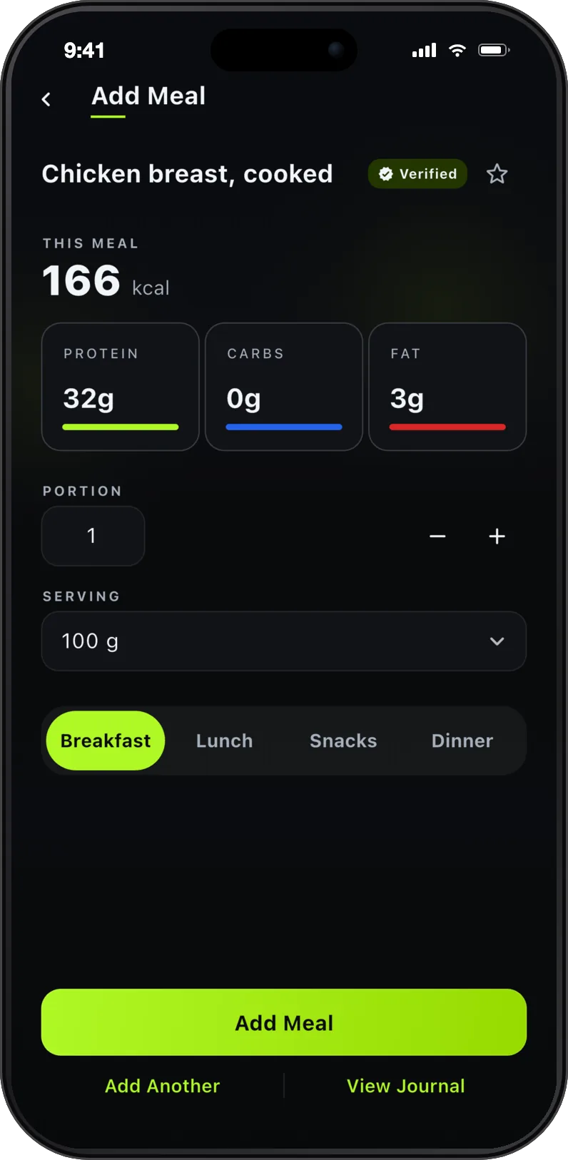 Manual logging in FitFreak: chicken breast cooked at 166 calories per 100 g, marked verified, with a portion stepper, a serving picker and a meal slot selector