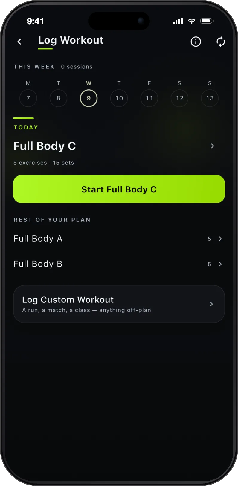 The FitFreak weekly plan: today's Full Body C session with five exercises and fifteen sets ready to start, and the rest of the plan listed below