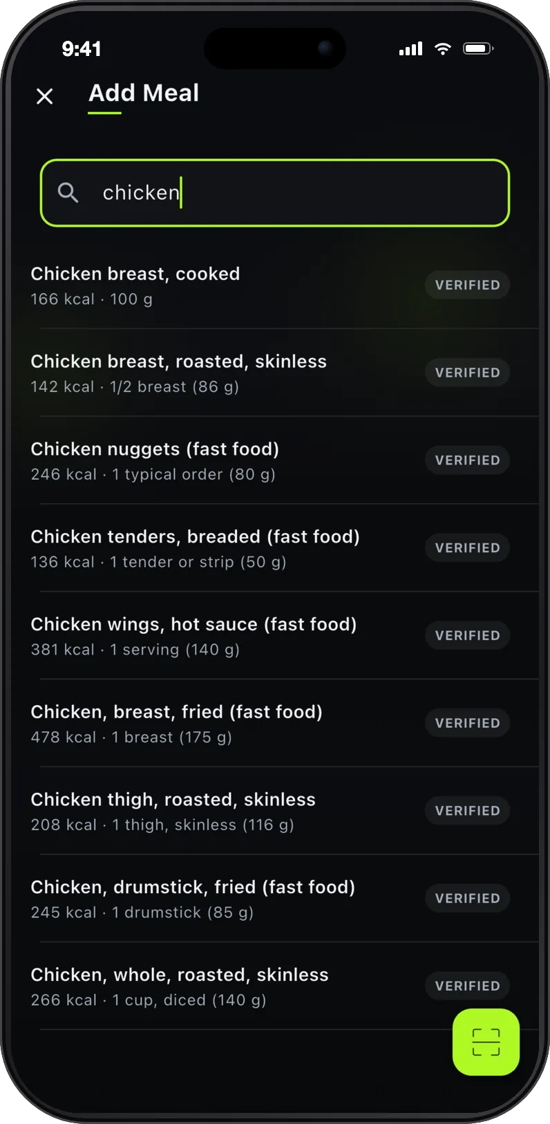 FitFreak food search for chicken, returning chicken breast cooked, chicken breast roasted, nuggets, tenders and wings, each row marked verified with its calories and serving weight