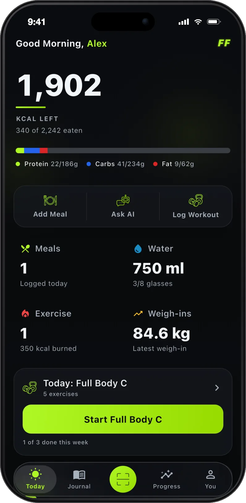 The FitFreak Today screen: 1,902 calories left of a 2,242 target, a protein, carbs and fat bar, quick actions for adding a meal, asking the AI and logging a workout, and today's Full Body C session ready to start