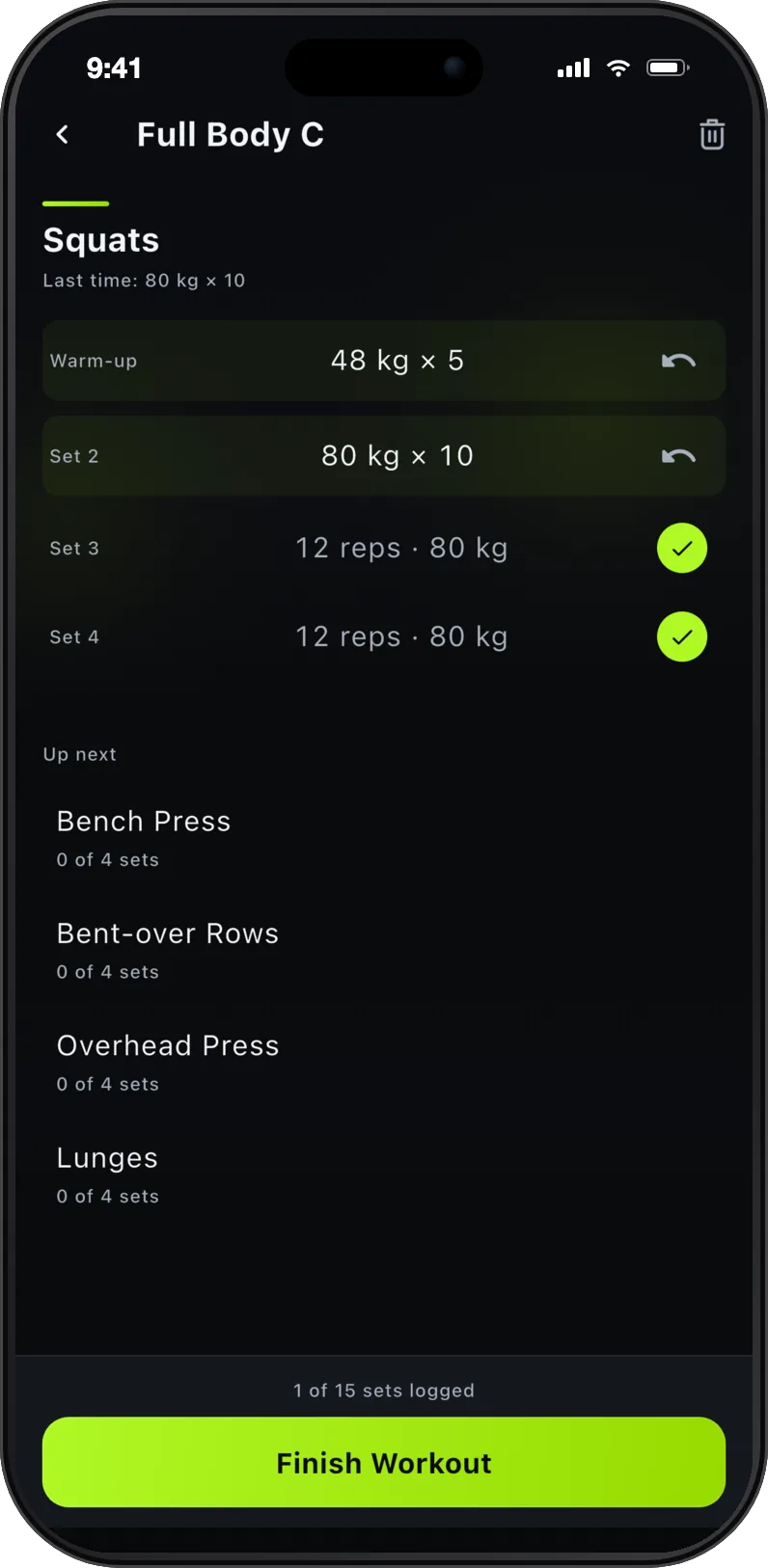 An active FitFreak workout: Squats with last time 80 kg by 10, a warm-up set at 48 kg by 5 and a working set at 80 kg by 10 logged, two sets still waiting, and Bench Press up next